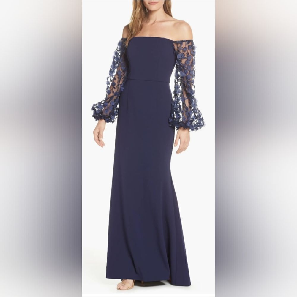 Eliza J Off the Shoulder Floral Sleeve Scuba Crepe Evening Dress NWT size 6 blue